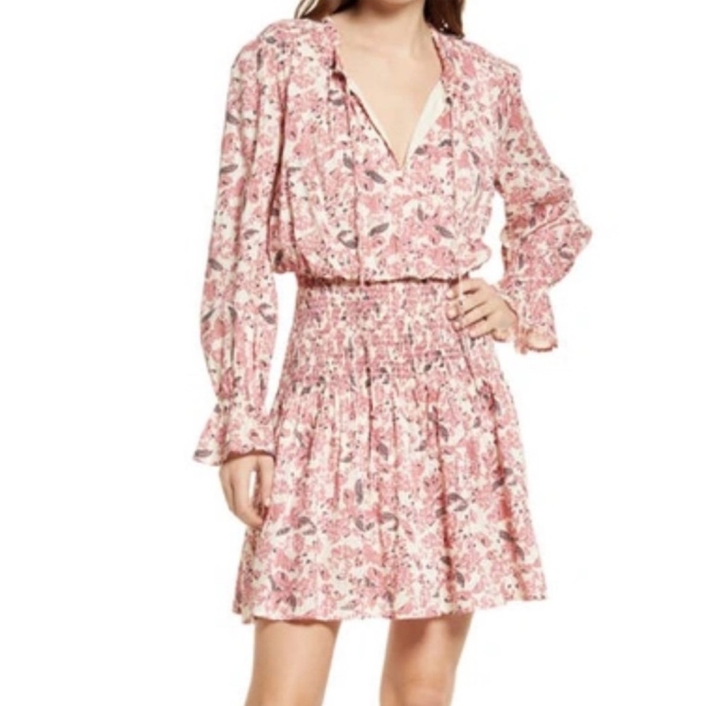 Evereve roan + Ryan Pink Floral Smocked Waist Mini Dress Medium - Picture 2 of 7